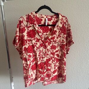 Mango Red Floral Button Down Shirt -Size 12